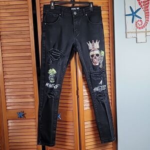 Motive Denim Mind of a Hustler Graphic Skull Jeans Black Men’s 34x32 Distressed